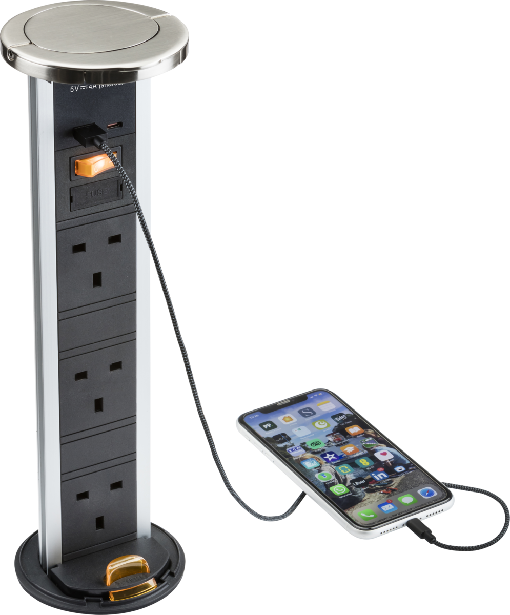 Knightsbridge IP54 3G pop-up socket with dual USB charger  A+C (FASTCHARGE) - Brushed chrome Cap