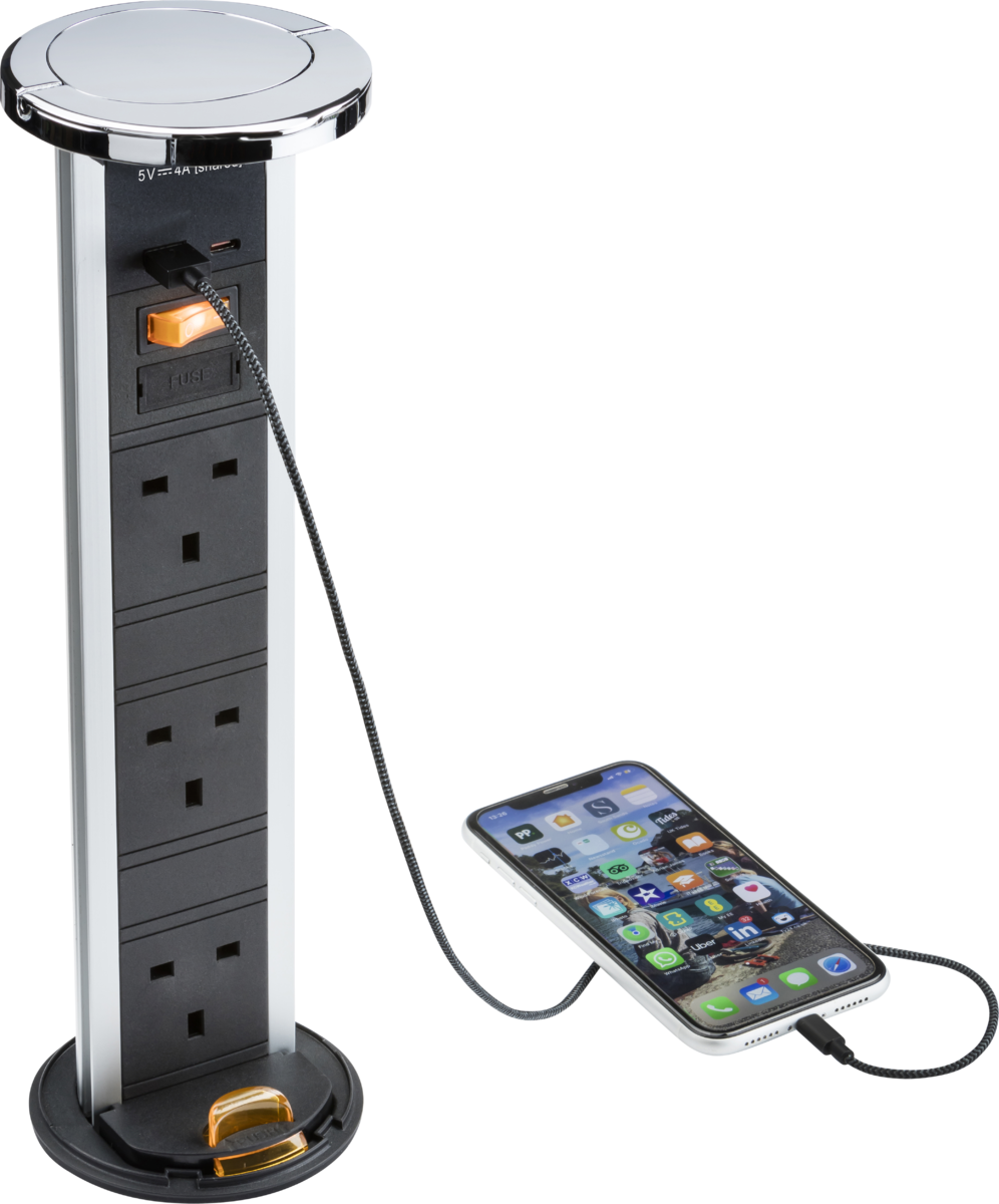 Knightsbridge IP54 3G pop-up socket with dual USB charger  A+C (FASTCHARGE) - Polished chrome Cap