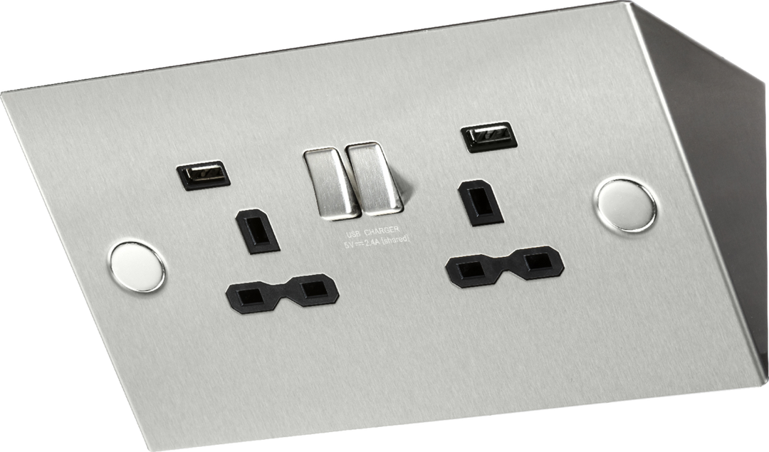 Knightsbridge 13A 2G Mounting Switched Socket with Dual USB Charger (2.4A) - Stainless Steel with black insert
