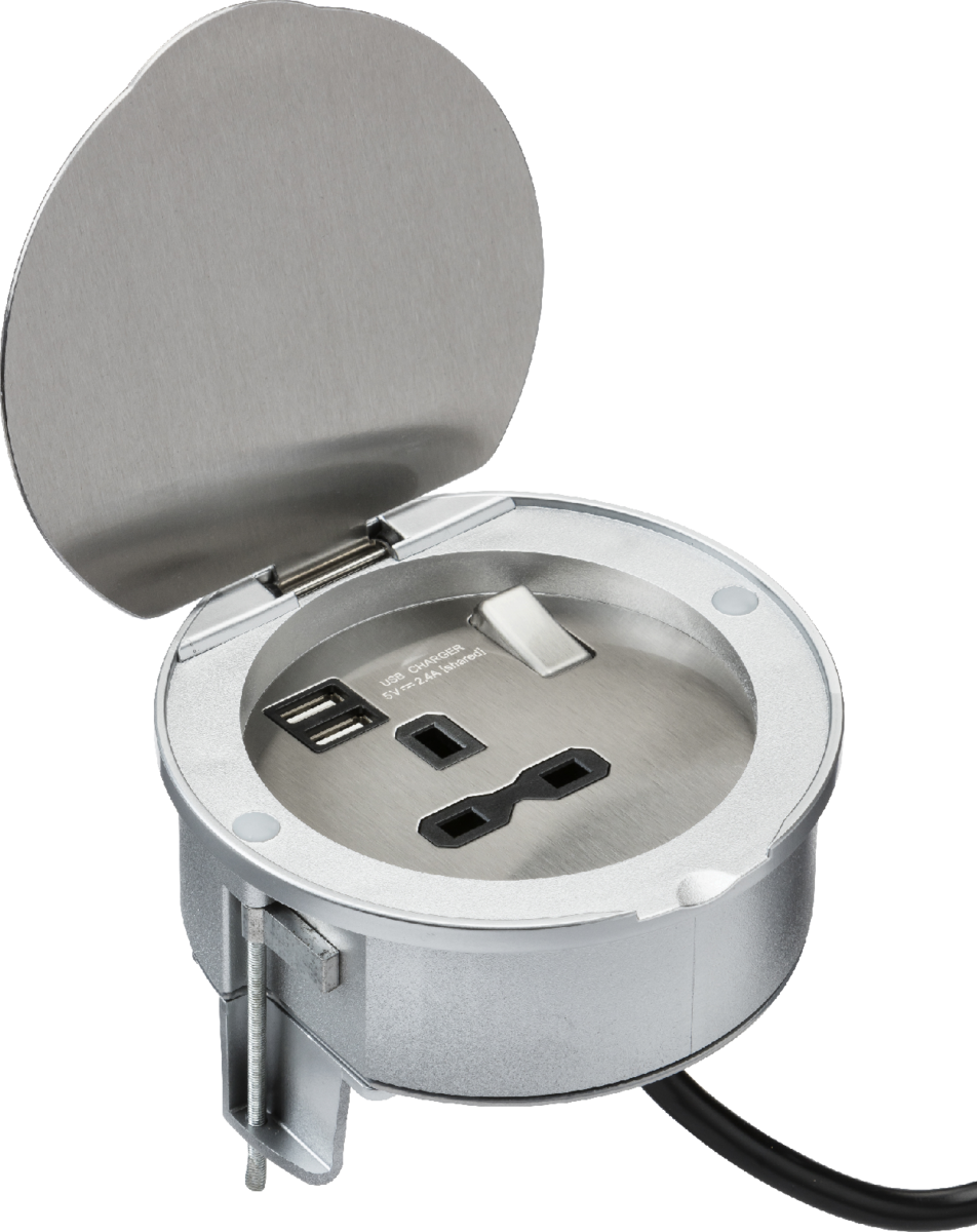 13A 1G Recess Switched Socket with Dual USB Charger (2.4A) - Stainless Steel with black insert