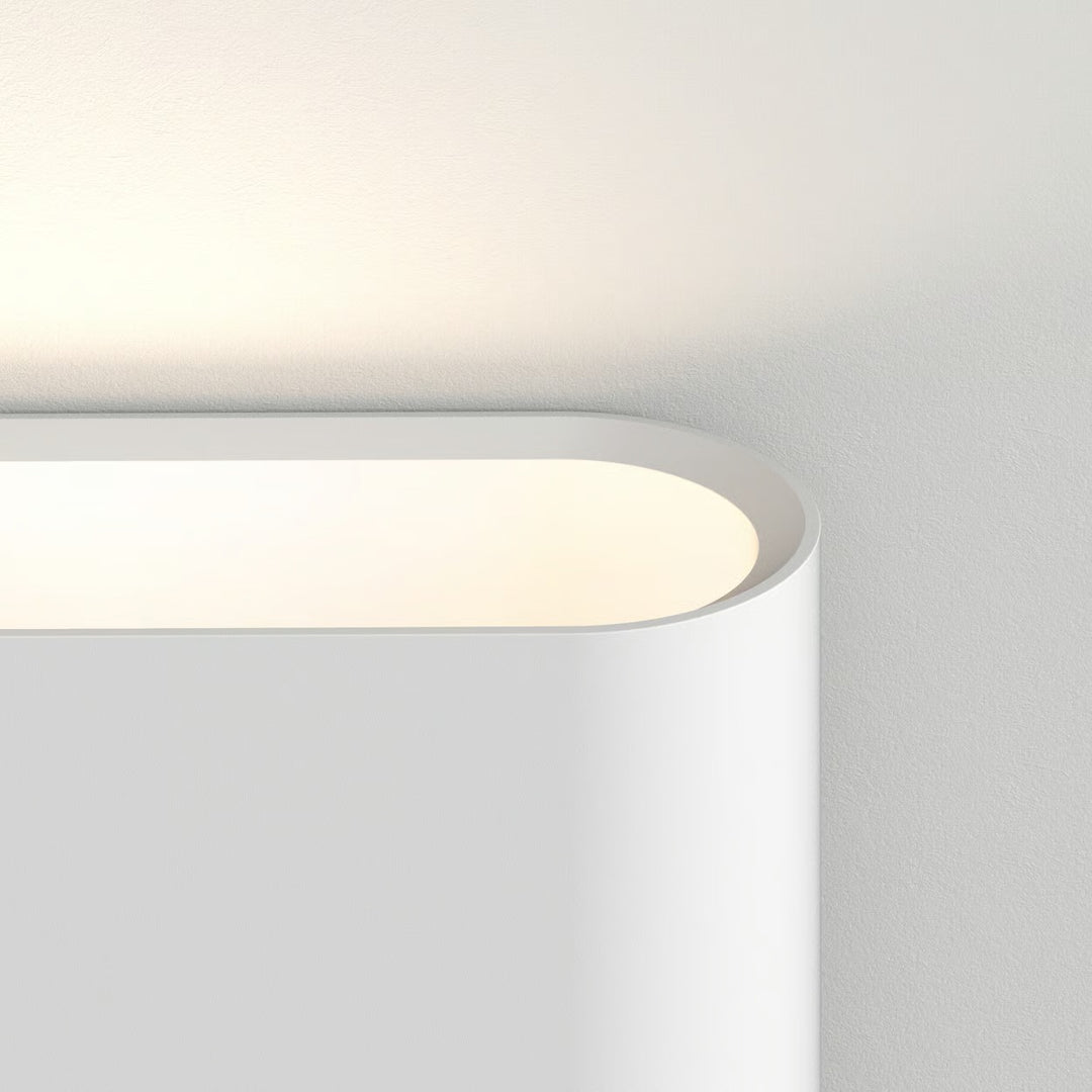 Side profile of Velo 390 showing 100 mm depth and plaster finish