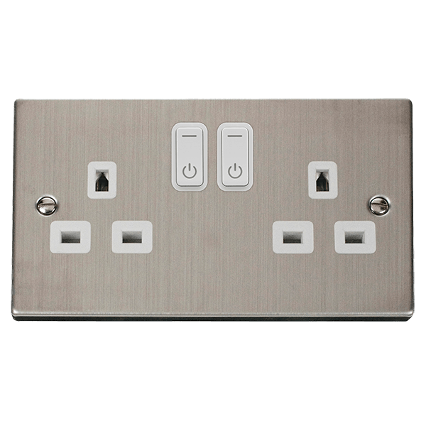 Click Smart+ Ingot 13A Double Gang RF Smart Socket Deco in Stainless Steel & White VPSS30536WH