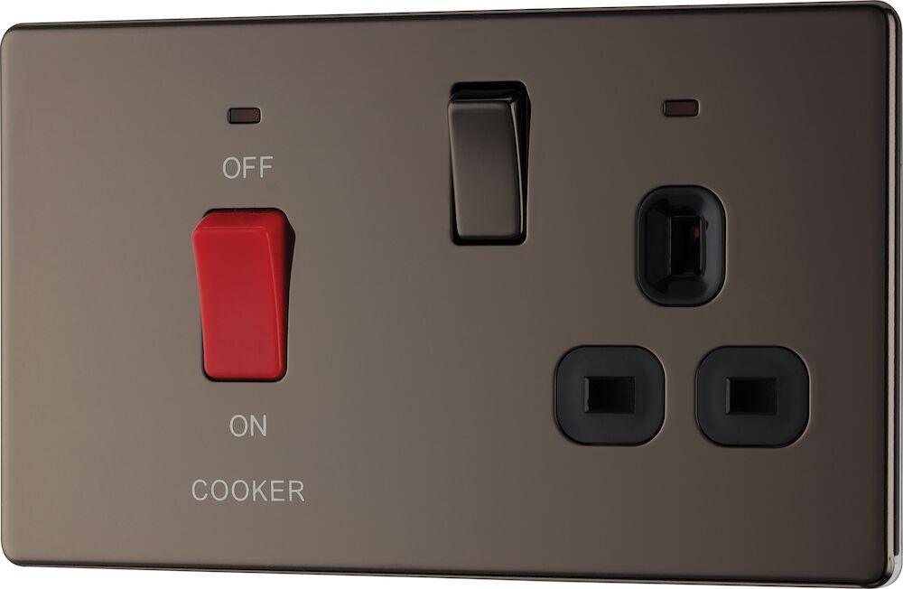 BG Screwless Flatplate 45A Cooker Control Unit With Switched 13A Power Socket, Includes Power Indicators Black Nickel FBN70B-01