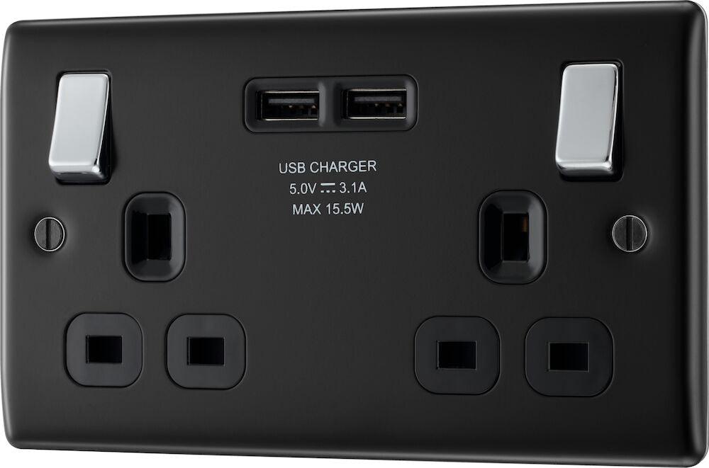 Nexus Metal Double Switched 13A Power Socket with USB Charging - 2X USB Sockets (3.1A) - Prisma Lighting