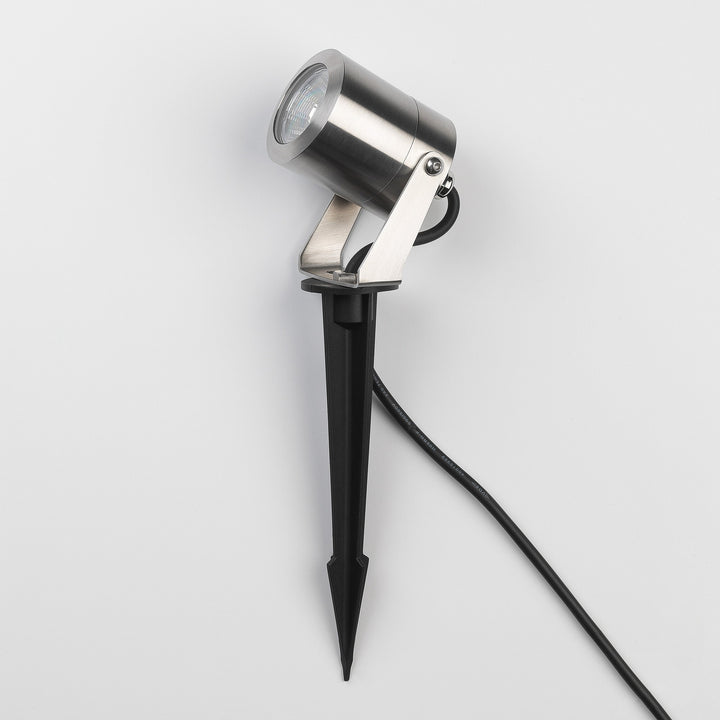 Astro Skye Spike Spot brushed stainless steel outdoor ground light, showing spike and adjustable head