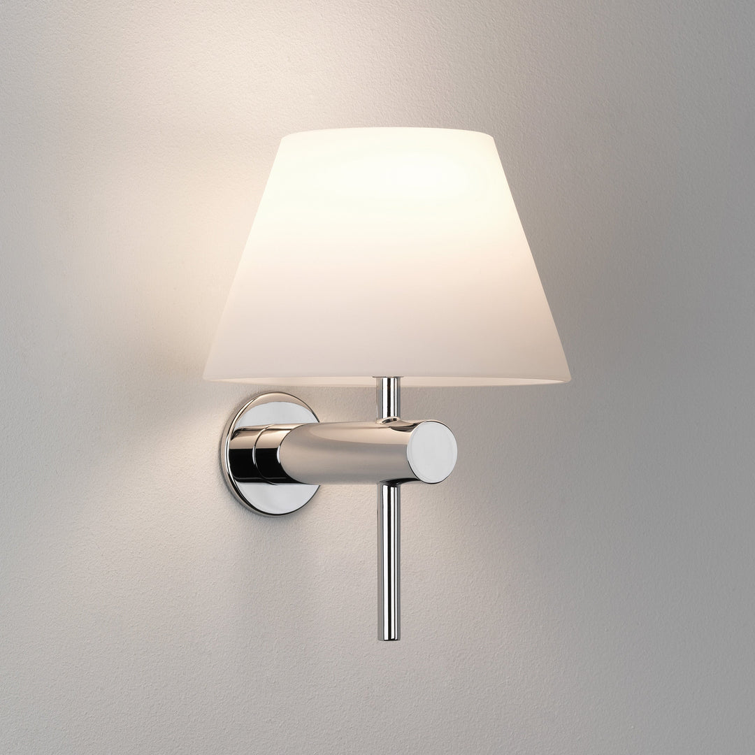 Close-up of Roma’s opal-cone diffuser and metal arm in Polished Chrome