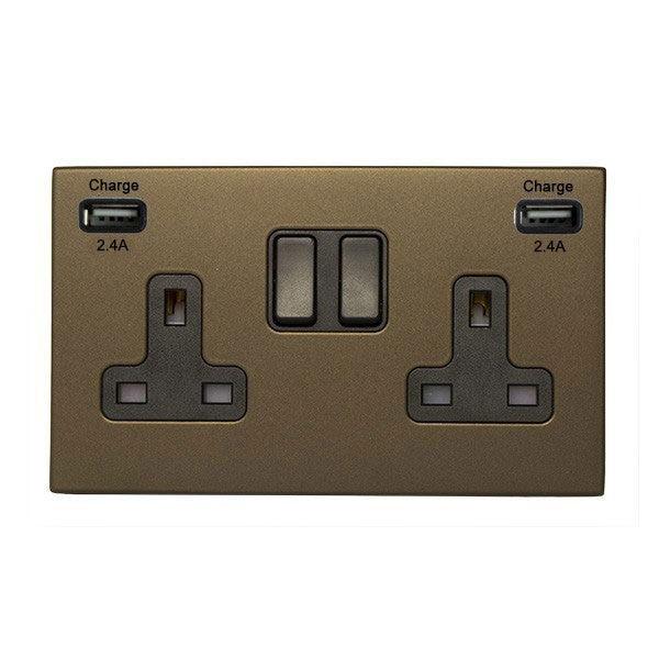 Hartland CFX Richmond Bronze 2-Gang 13A Double Pole Switched Socket and 2x2.4A USB Type-A Outlets with Black Inserts 7RBCSS2USBULTBL-B