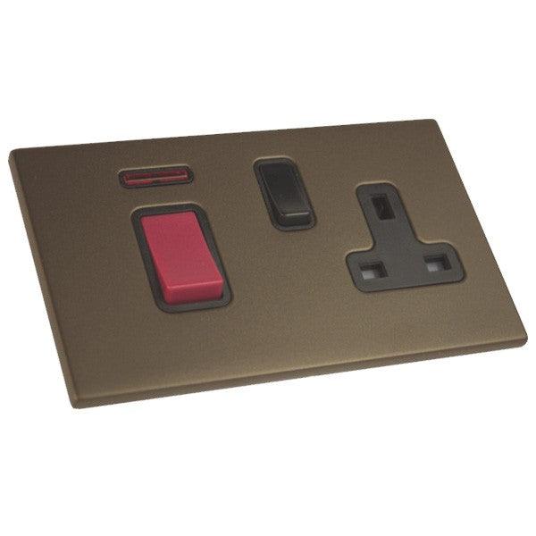 Hartland CFX Richmond Bronze 45A Double Pole Switch with Red Rocker and Neon Plus 13A Switched Socket 7RBC45SS1BL-B
