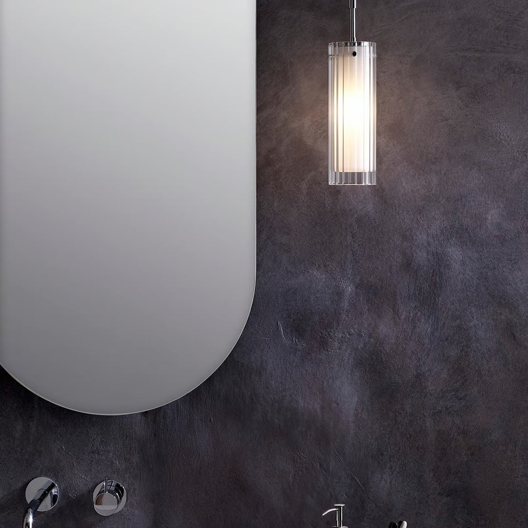 Bottom view of the Ottavino pendant showing fluted glass diffuser and chrome cap