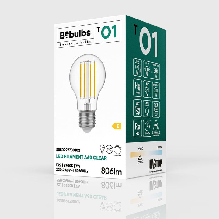 LED Filament Standard Bulb A60 7W 806LM E27 Clear 2700K Dimmable