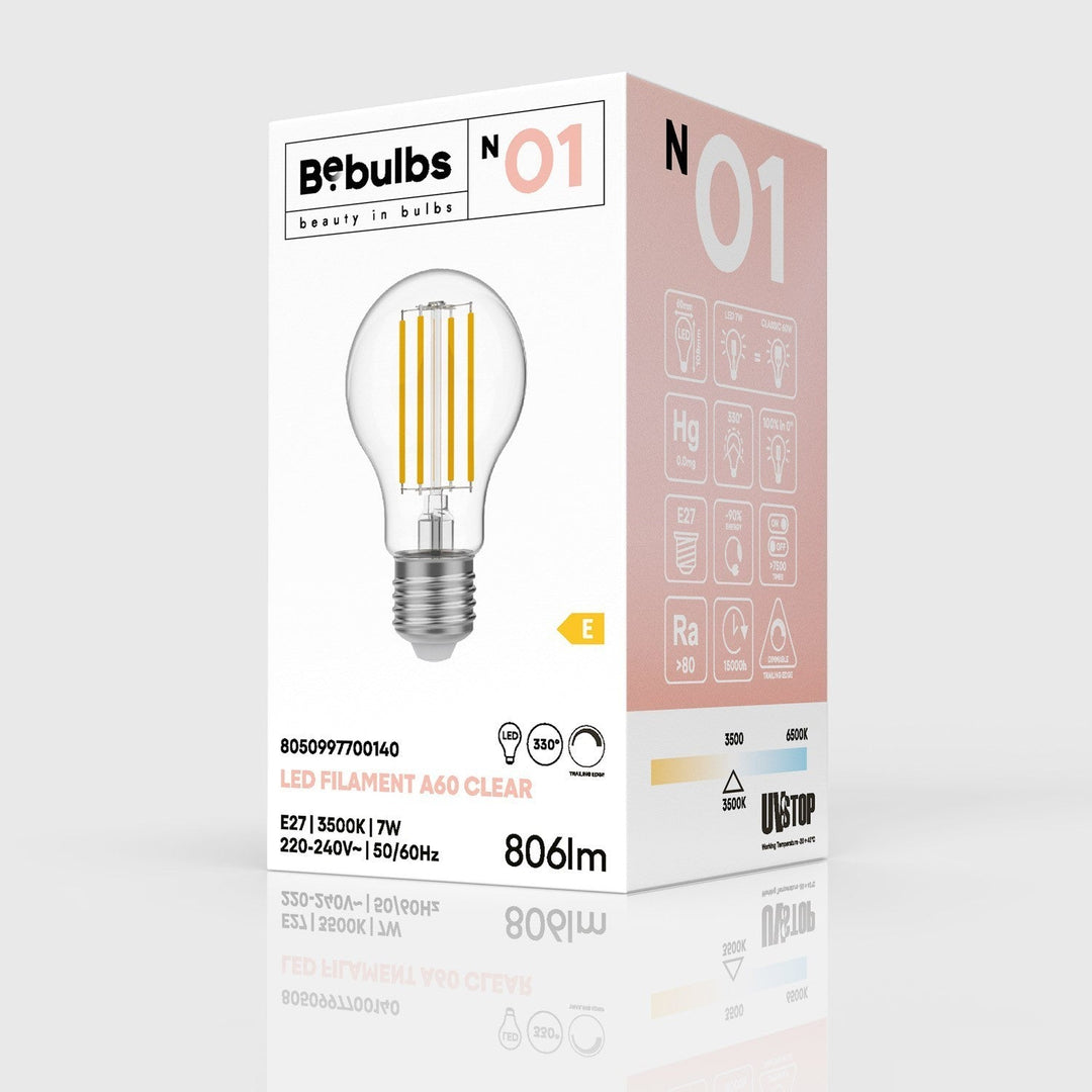 LED Filament Standard Bulb A60 7W 806LM E27 Clear 3500K Dimmable