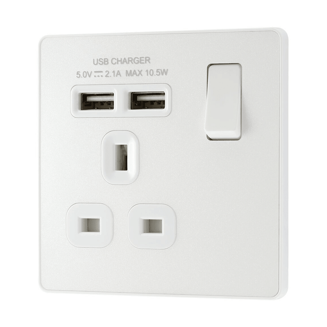 BG Evolve Single Switched 13a USB Socket 2xUSB(2.1A) Pearlescent White PCDCL21U2W-01