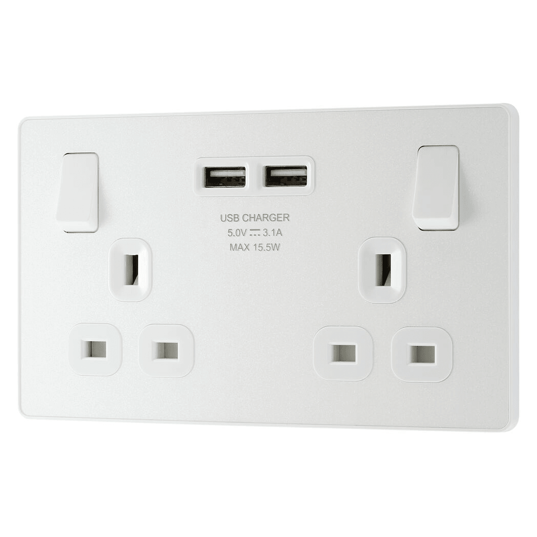 BG Evolve Double Switched 13a USB Socket 2xUSB-A(3.1A) Pearlescent White PCDCL22U3W-01