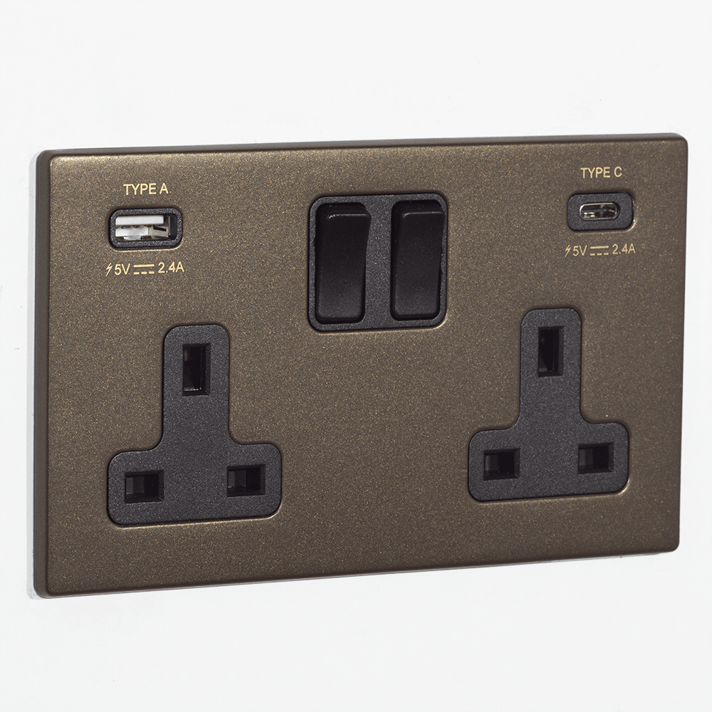 Hartland CFX Richmond Bronze 2-Gang 13A Double Pole Switched Socket, 2.4A USB Type-A, and 2.4A USB-C Outlets with Black Inserts