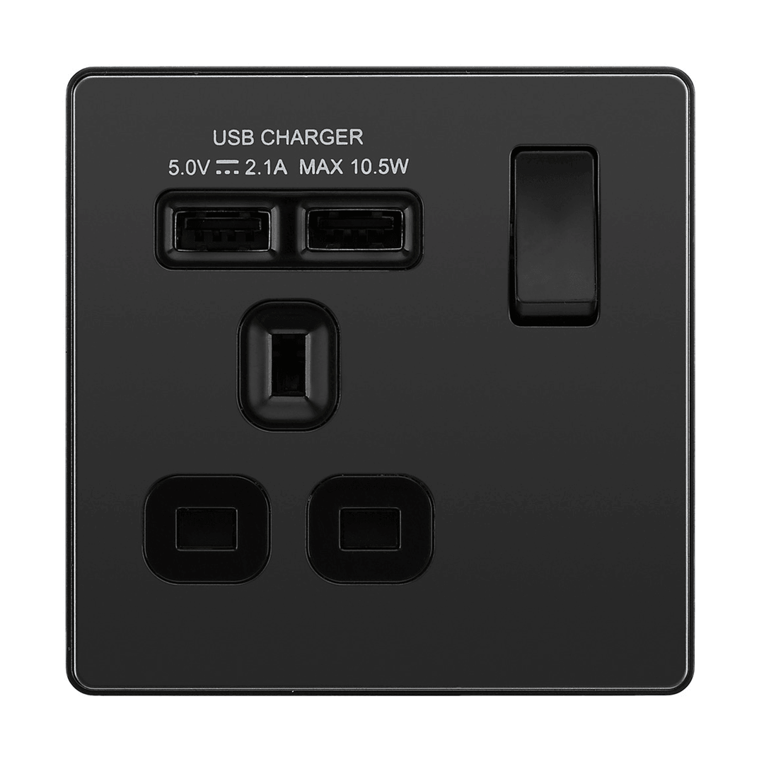 Evolve Single Switched 13a USB Socket 2xUSB(2.1A) - Prisma Lighting