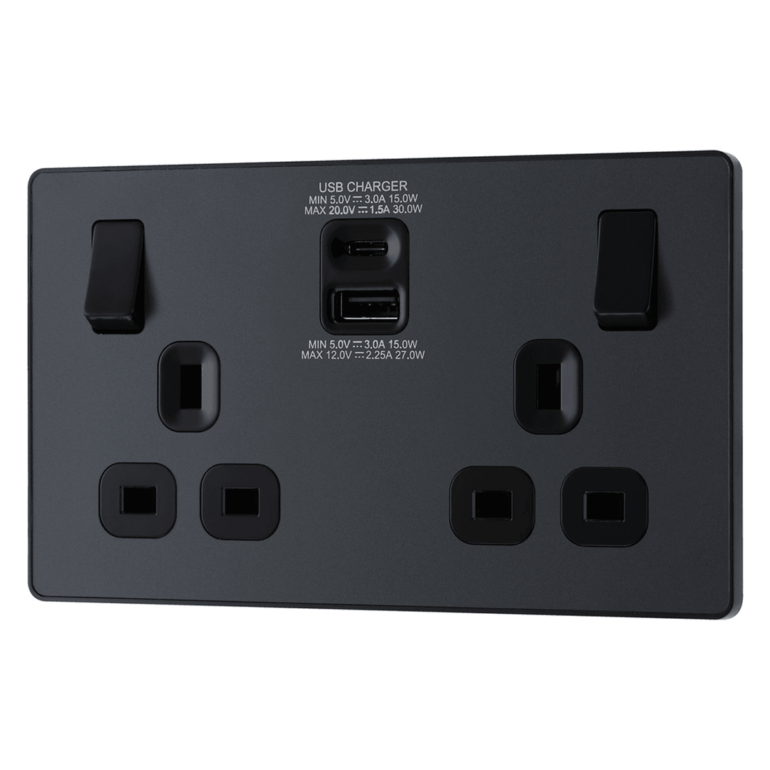 Evolve Double Switched 13a USB Socket 1xUSB-C(30W) 1xUSB-A(2.1A) - Prisma Lighting