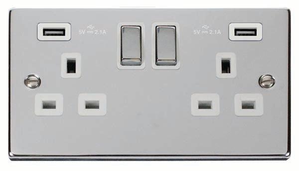Click Deco 13A Double Switched Socket & 2xUSB-A Chrome White VPCH580WH