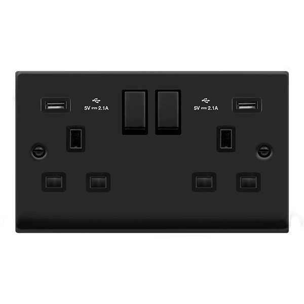 Click Deco 13A Double Switched Socket & 2xUSB-A Matt Black Black VPMB5