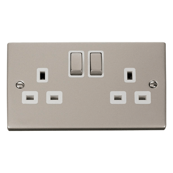 Click Deco 13A Double Switched Socket Pearl Nickel White VPPN536WH
