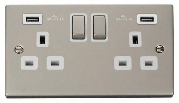 Click Deco 13A Double Switched Socket & 2xUSB-A Pearl Nickel White VPP