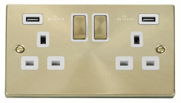 Click Deco 13A Double Switched Socket & 2xUSB-A Satin Brass White VPSB