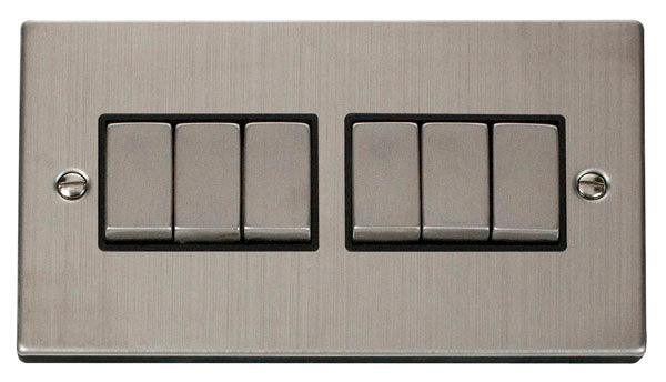 Click Deco 10A 2 Way 2G Six Light Switch Stainless Steel Black VPSS416