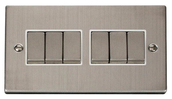 Click Deco 10A 2 Way 2G Six Light Switch Stainless Steel White VPSS416