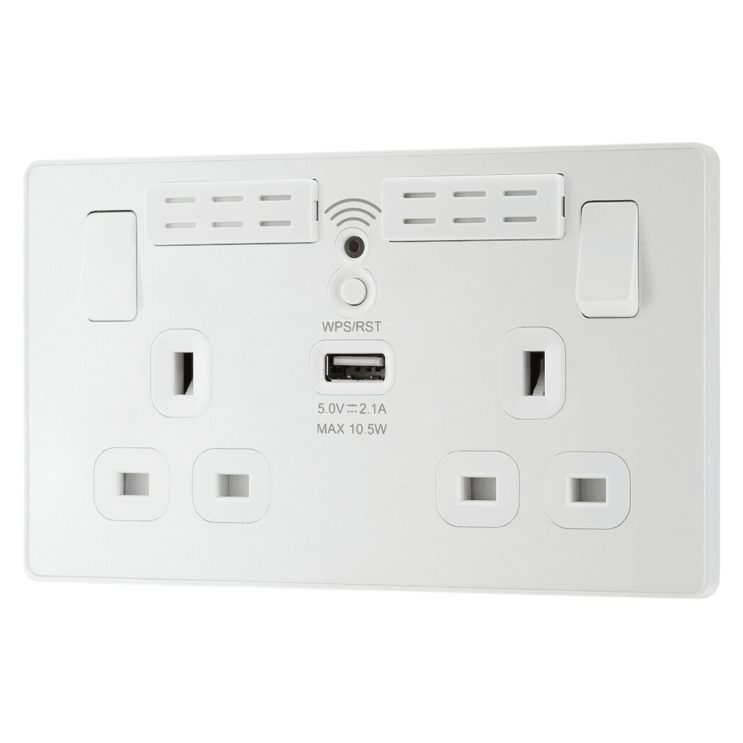 BG Evolve Double Switched 13a WIFI Extender USB Socket 1xUSB-A(2.1) Pearlescent White PCDCL22UWRW-01
